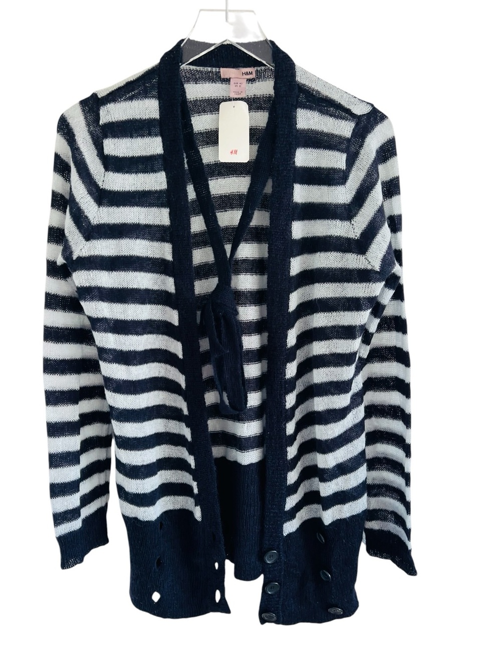 H&M Navy and White Striped Open-Front Cardigan